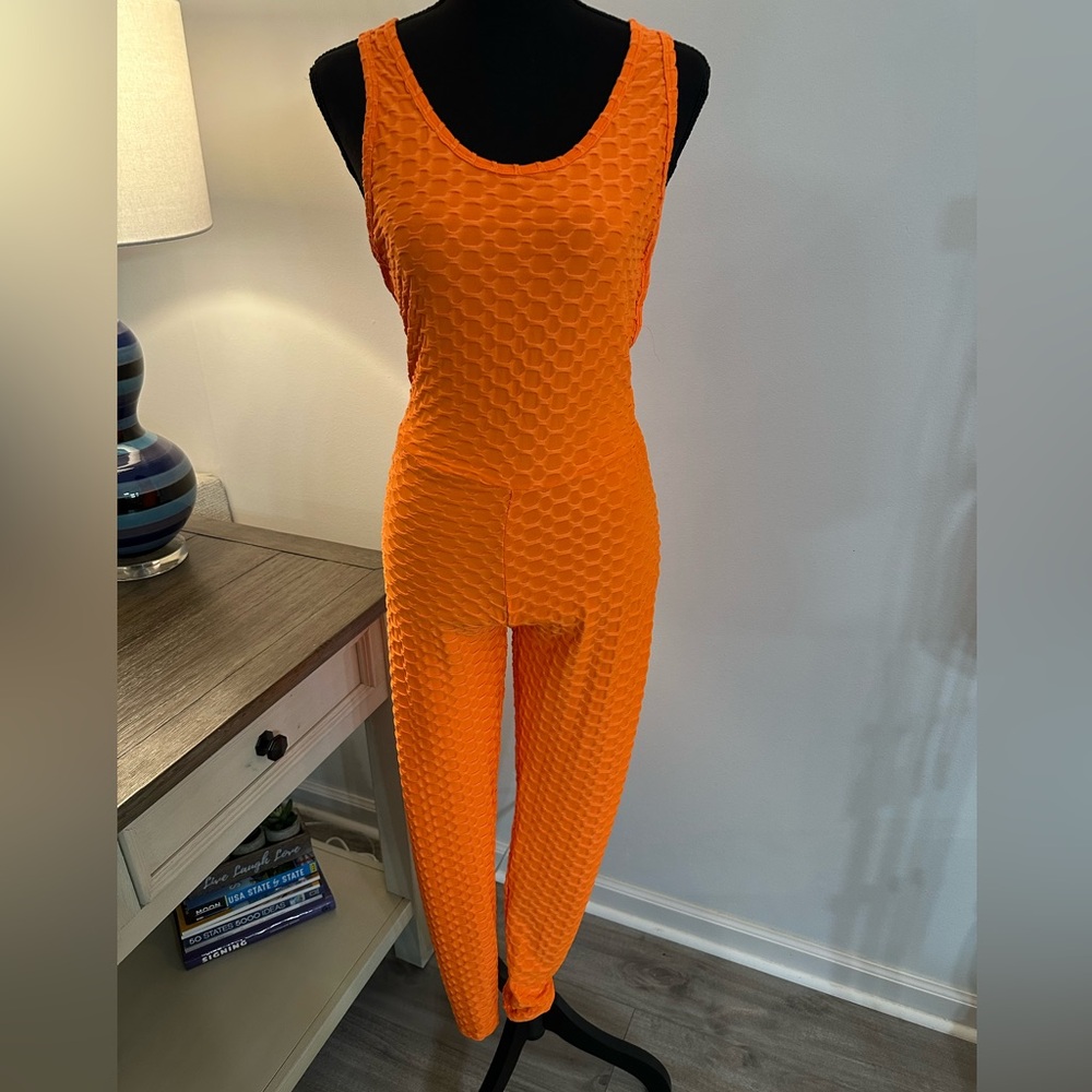 Fashion Nova Bright Orange Honeycomb Jumpsuit - Size M - Very BRIGHT